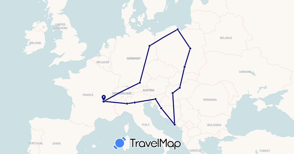 TravelMap itinerary: driving in Germany, France, Croatia, Hungary, Italy, Poland, Slovenia (Europe)